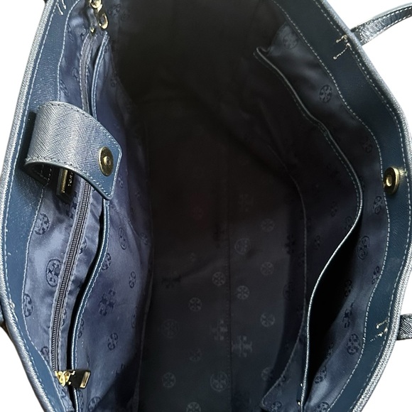 ✨ Tory Burch Navy Saffiano Leather Tote Work Laptop Bag Gold Logo - Picture 9 of 14